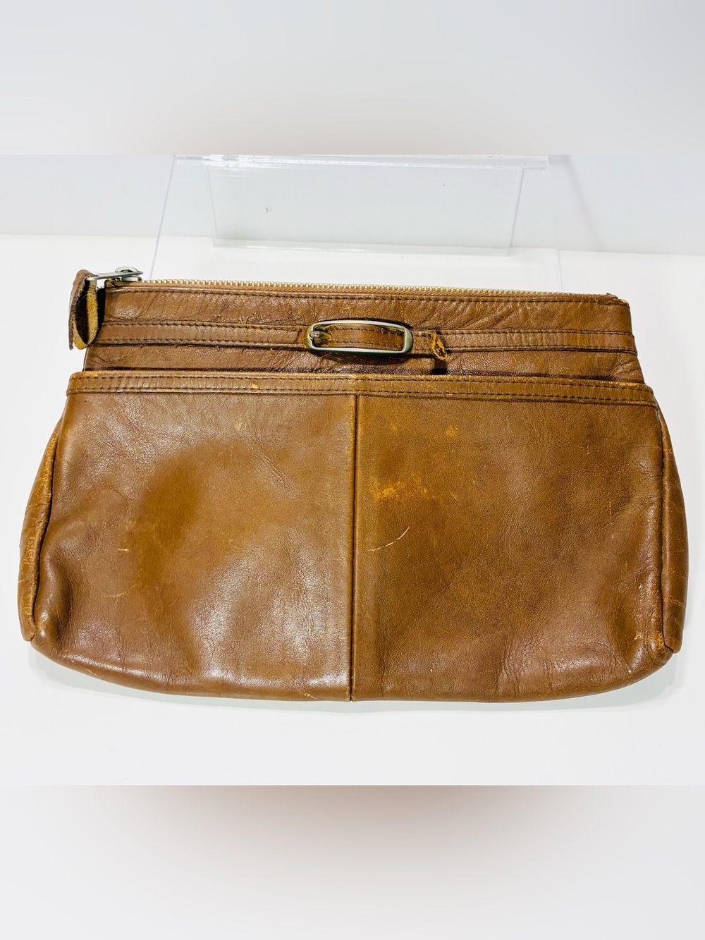 VTG 70s 80s Brown Leather Zip Clutch Organizer Pouch Genuine Leather 10x7.5